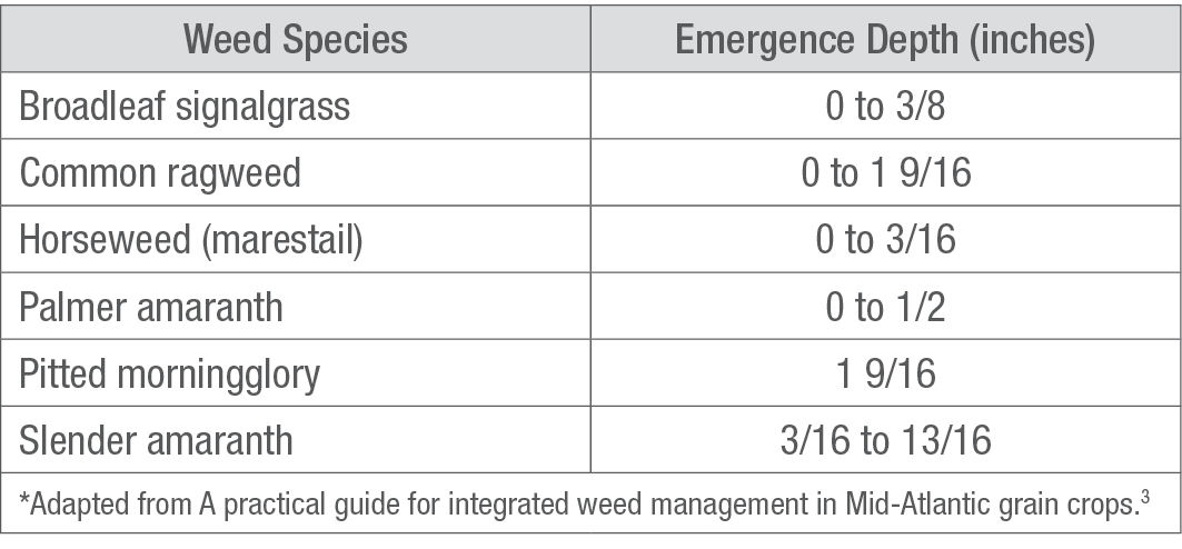 Average optimum emergence depth for six common weed species